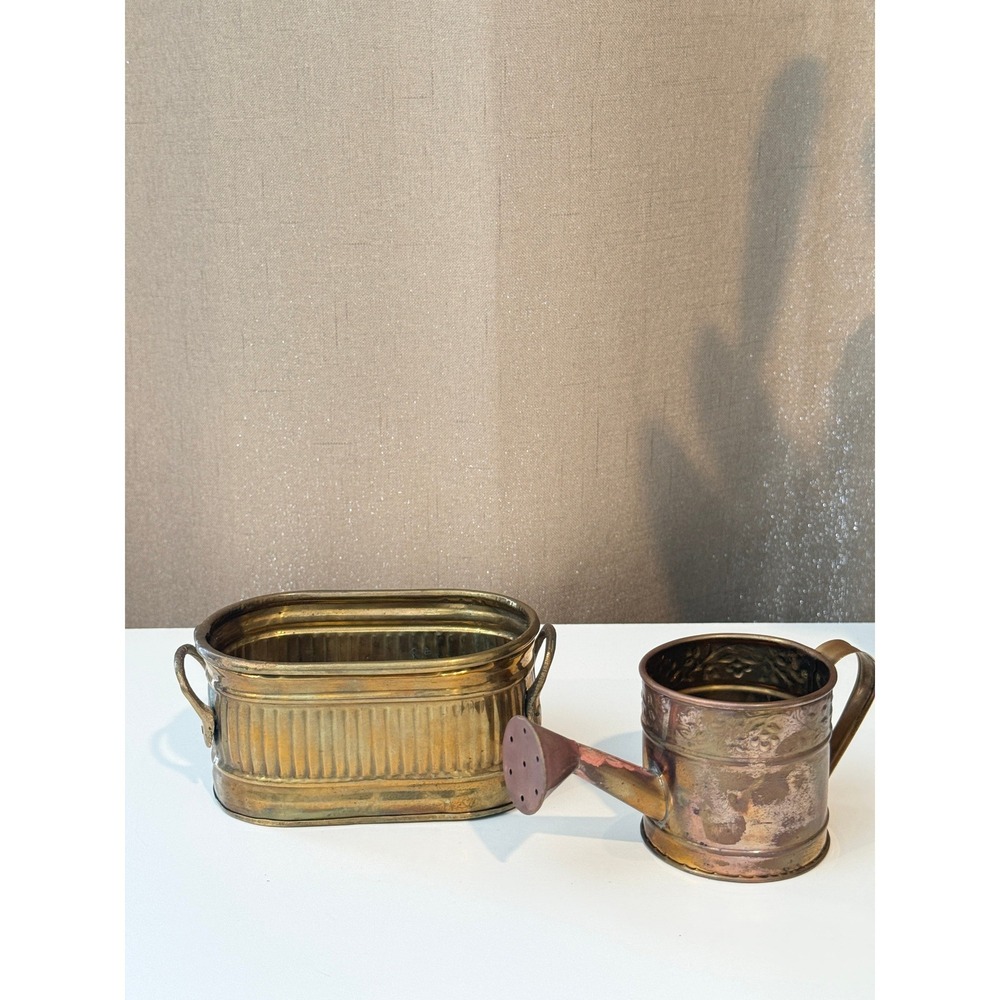 Hosley Solid Brass Decorative Mini Watering Can and Ribbed Oval Planter Set
